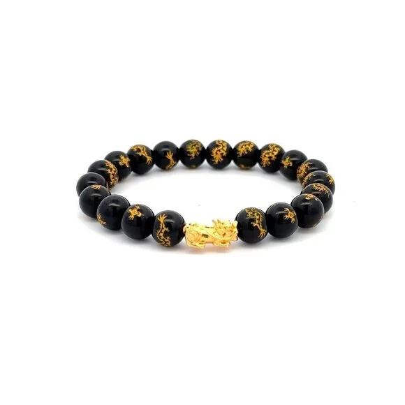 COPY - 18K Gold Dragon Pixiu Piyao Lucky Charm Bracelet Gemstones Black Agate D… - Picture 1 of 5
